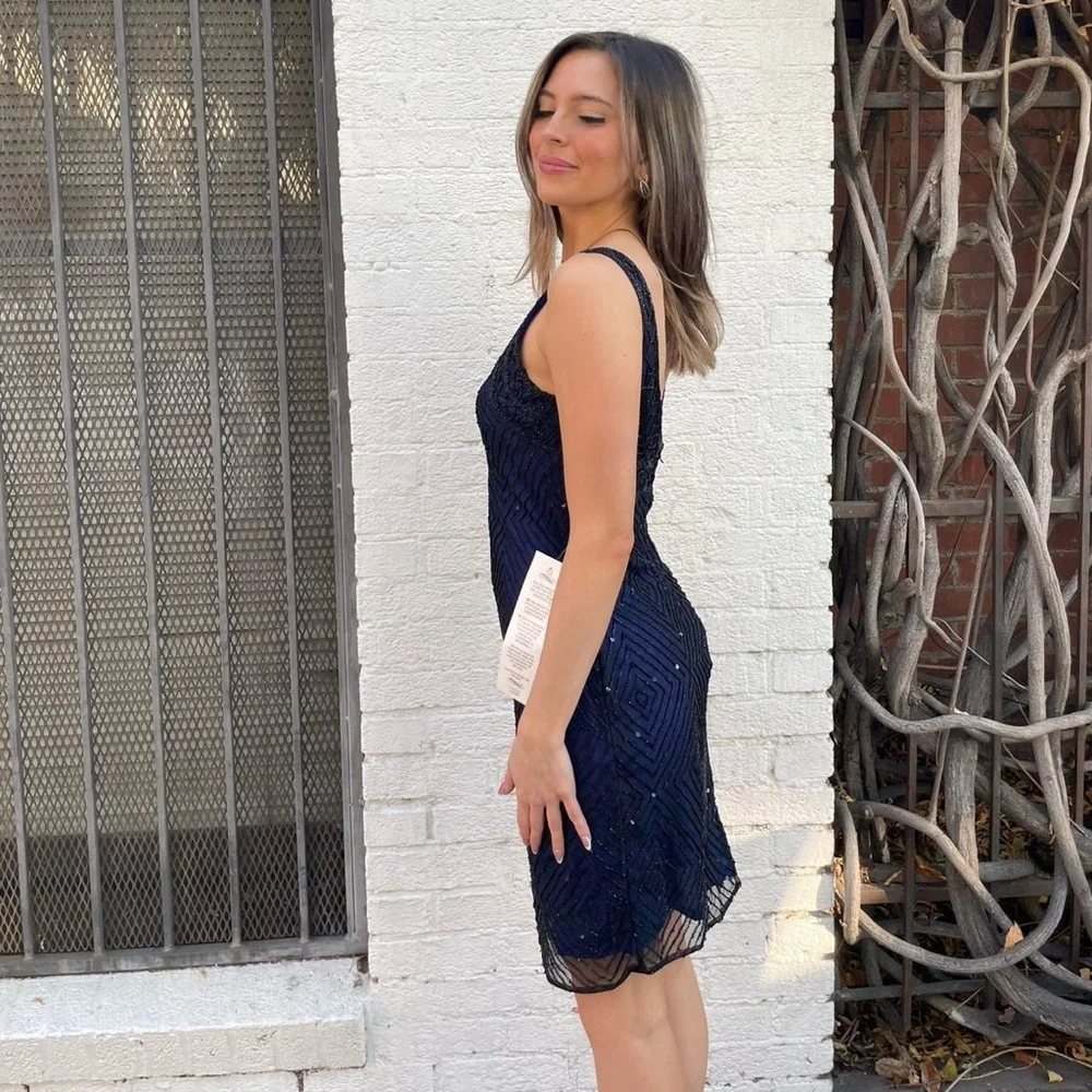 NWT Vintage Laurence Kazar Navy blue beaded sequins dress sz s